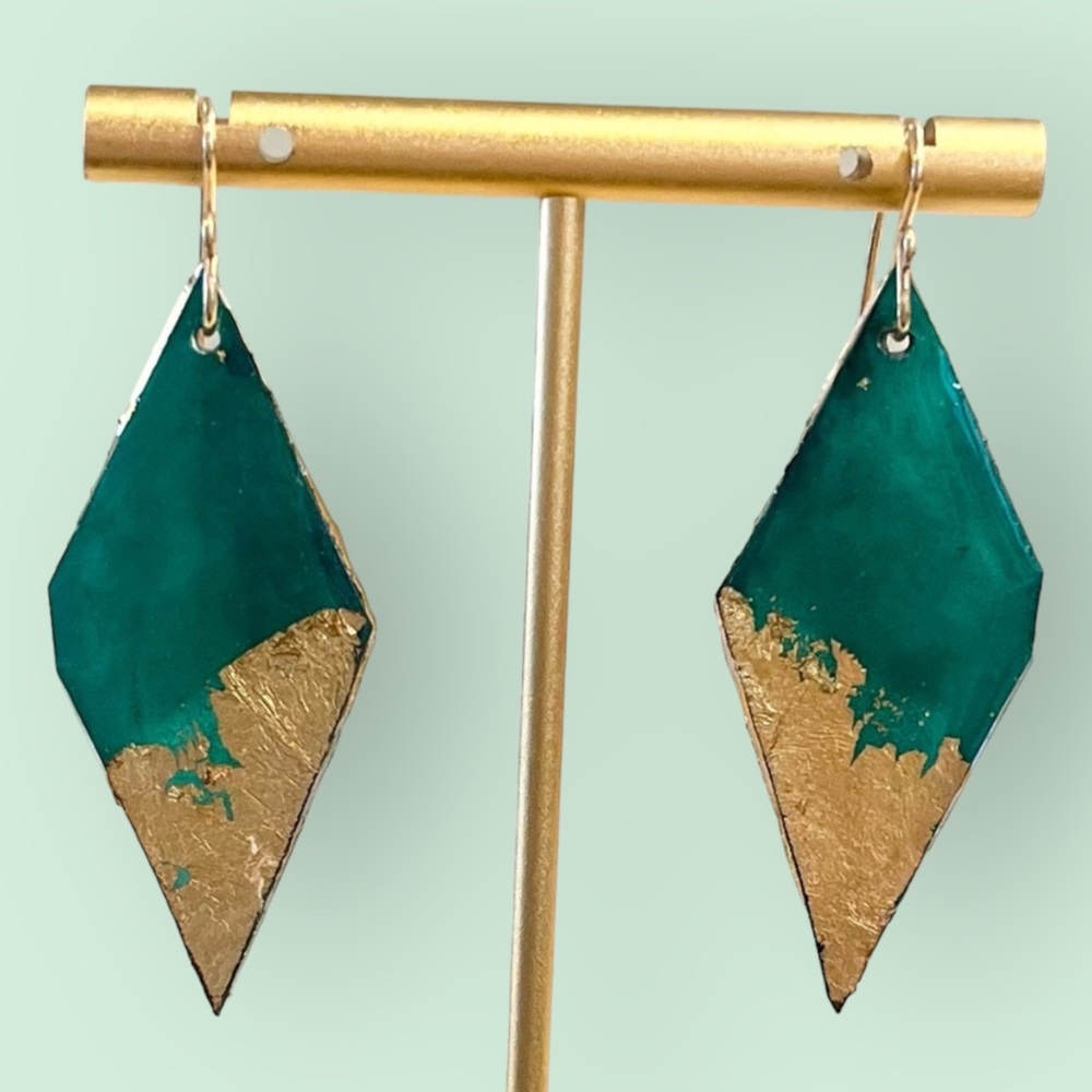 Green & Gold Diamond Shaped Earrings, Handmade, Artsy, Gold Flake, One of a Kind